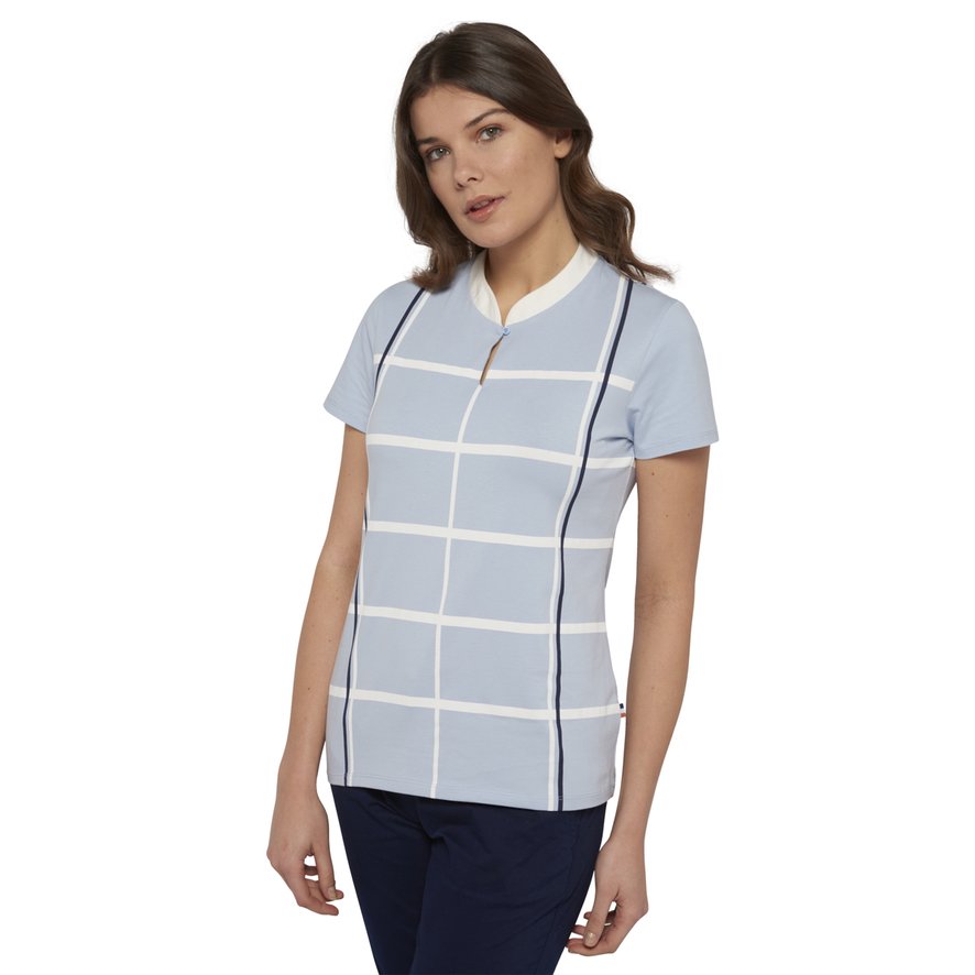 blue checkered polo shirt