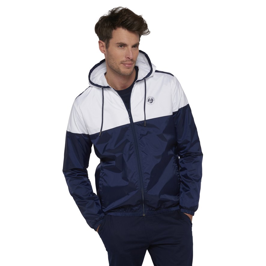 navy blue windbreaker with hood